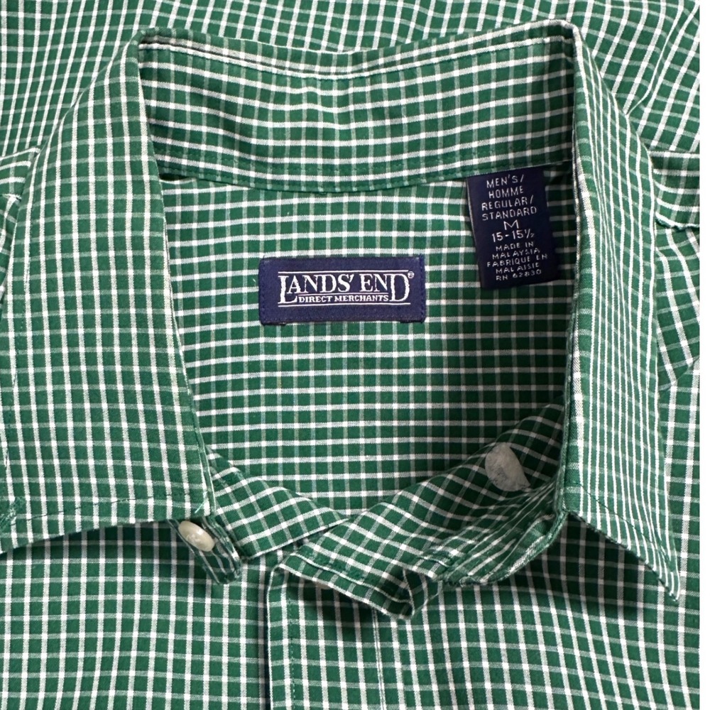 Lands End Mens Green‎ White Check Short Sleeve Button Down Shirt Medium 15-15.5
